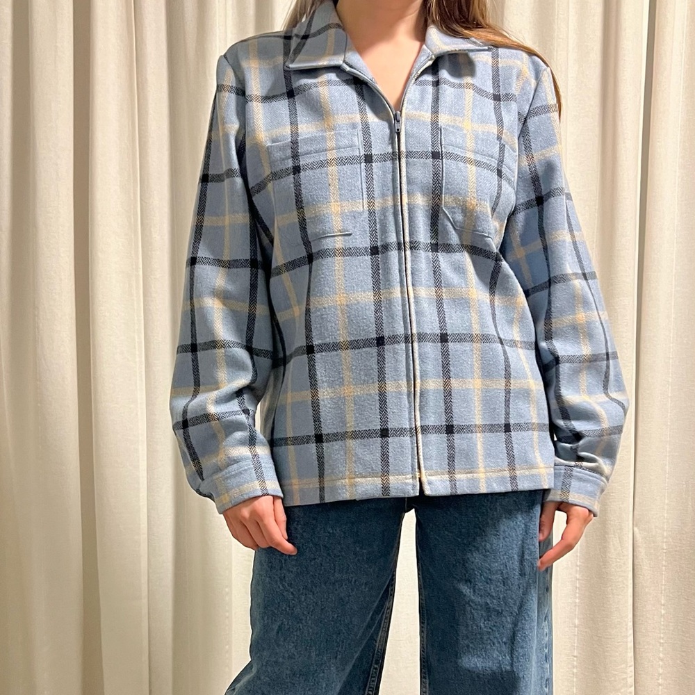 Essentials Vintage Plaid Zip-Up Jacket in Blue and Cream Size M